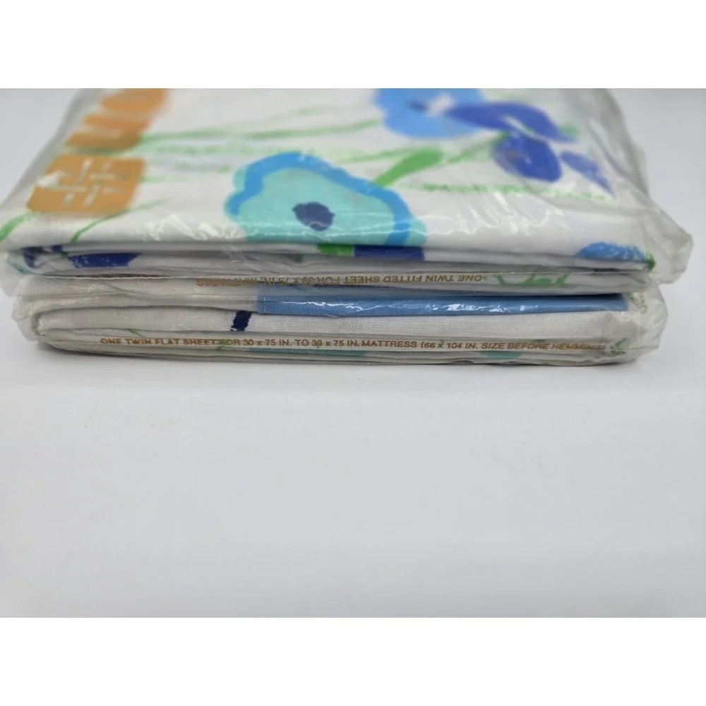 2 Set Vtg NIP Burlington Floral Twin Flat Sheet & Fitted - Blue & Green‎ 1970s